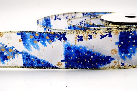Nastro con filo bianco/blu glitterato con alberi di Natale_KW0442G-1